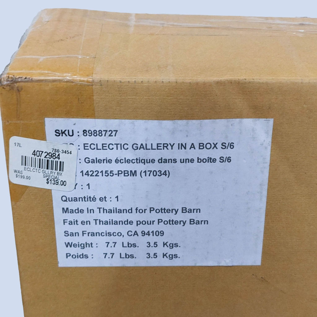 3. Detailed label on a Pottery Barn box for an Eclectic Gallery in a Box, with SKU and weight information.