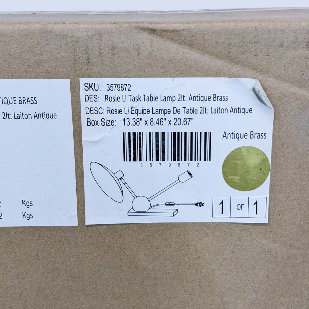 2. "Packaging label for West Elm Rosie Li antique brass lamp with SKU, description and barcode visible."
