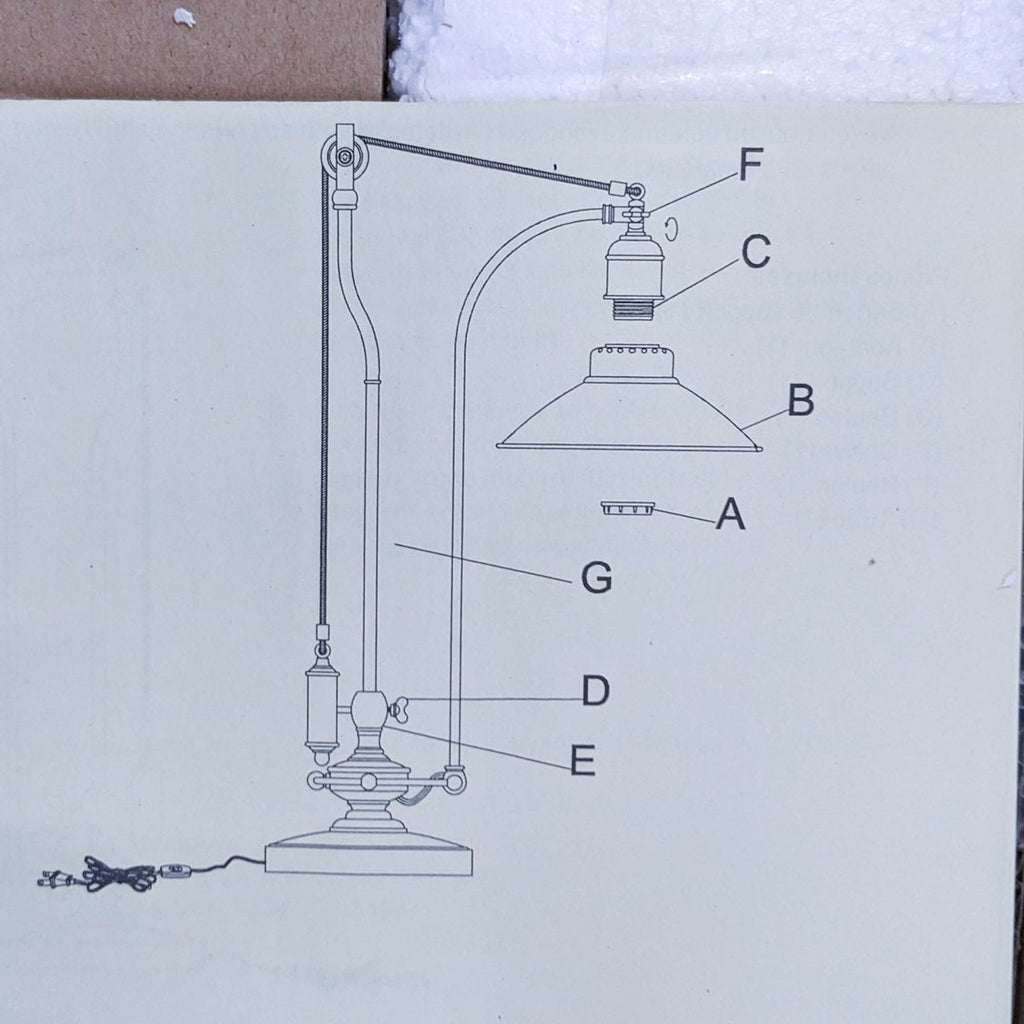 2. "Line drawing showcasing parts of a Pottery Barn pulley lamp, including lampshade and adjustment mechanism."