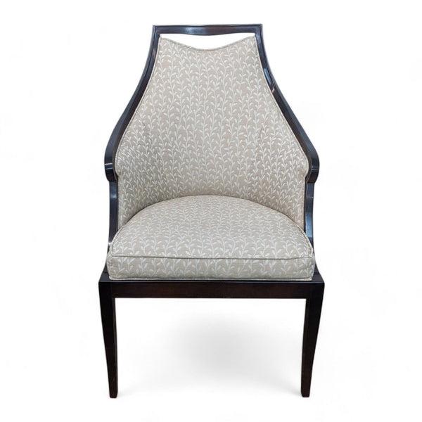 1. Front view of a Baker Malmaison armchair with ivory chenille upholstery featuring a vine and leaf design and curved wooden handrails.