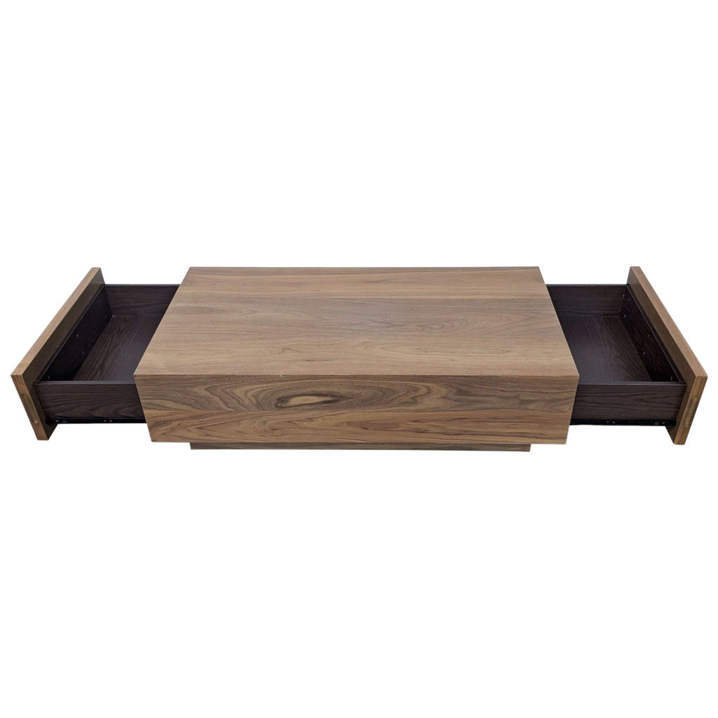 EQ3 walnut finish coffee table with drawers open to reveal hidden storage and side-mounted glides.