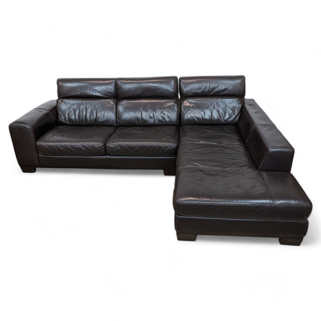 Reperch brand L-shaped leather sectional sofa with adjustable headrests in chocolate brown, isolated white background.