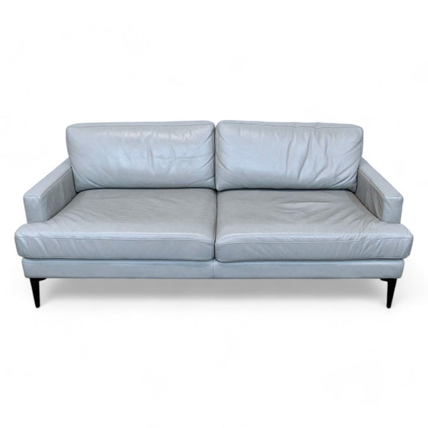 1. A front view of an Andes modern style leather sofa by West Elm featuring a sleek design with two cushions and cast metal legs.