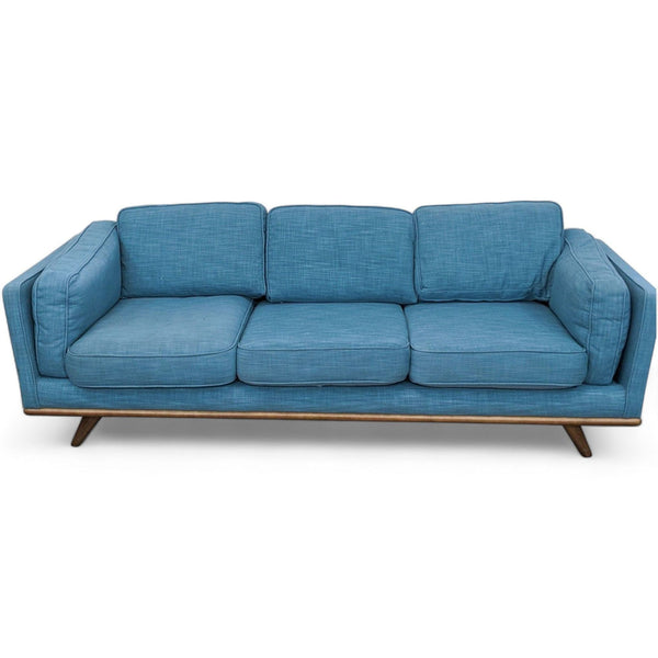 Reperch mid-century 3-seat sofa with blue linen fabric and wooden frame, front view.