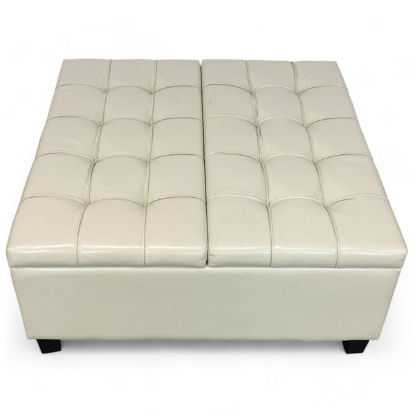 1. Ivory, tufted top storage ottoman by Reperch, shown closed on a white background.