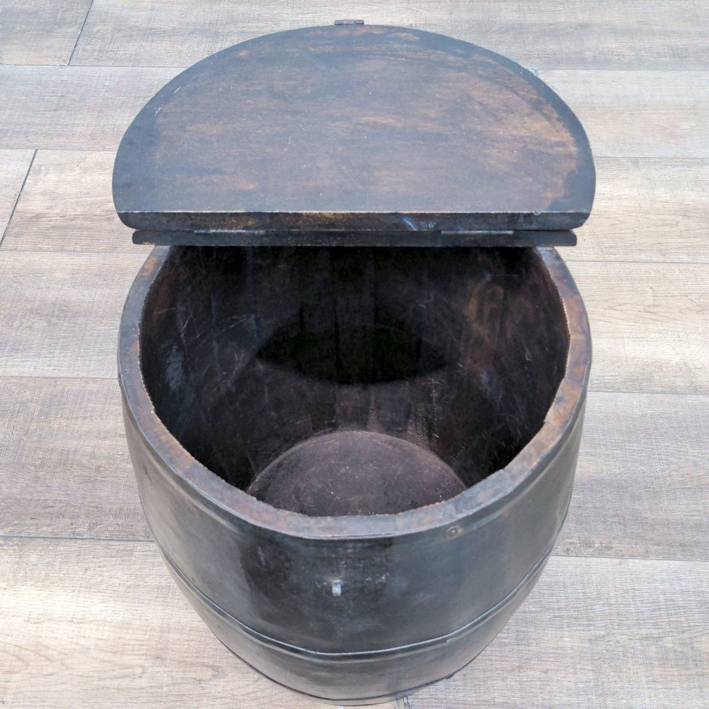 2. "Reperch vintage wooden barrel with lid open, showing the empty interior storage space, on wooden floor."