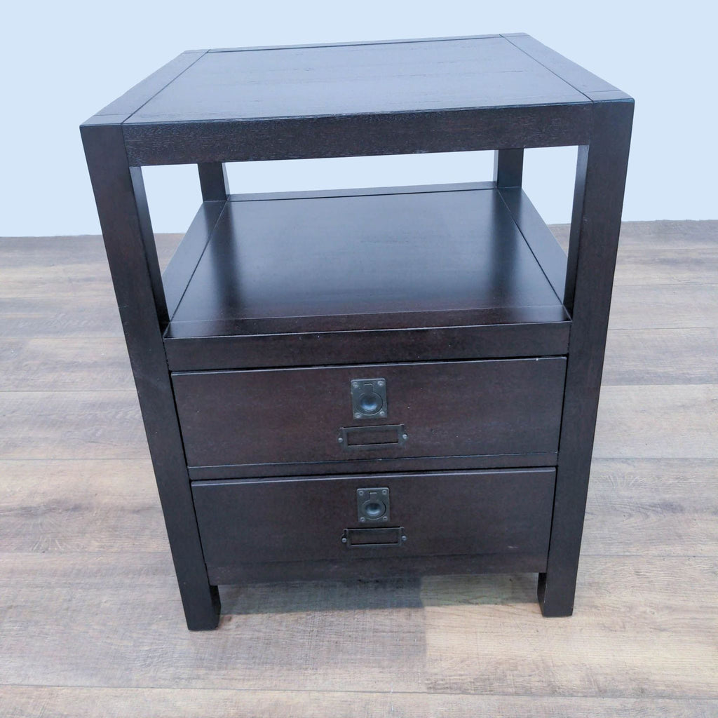 Dark wooden end table with two drawers and an open shelf.