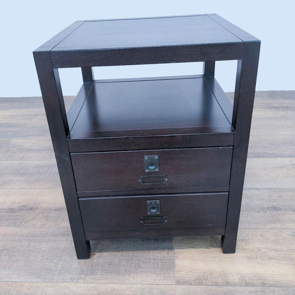 Dark wooden end table with two drawers and an open shelf.