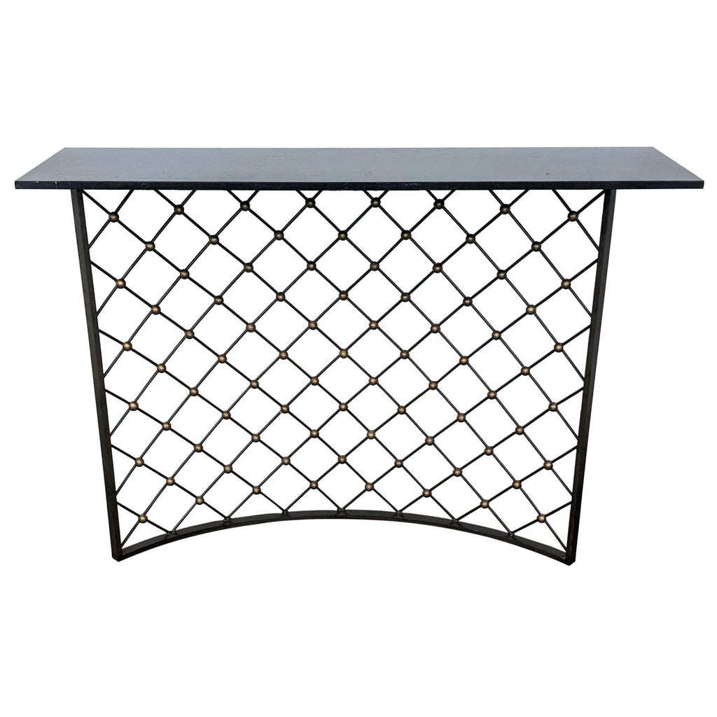1. Frontal view of a Reperch branded side & console table with a black wrought iron base and lattice detail.