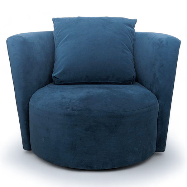 Reperch blue microfiber swivel lounge chair with a barrel back design, front view.