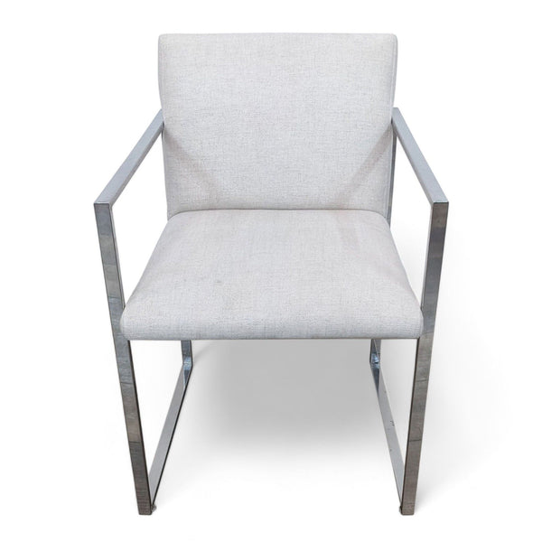 Reperch contemporary dining chair with metal frame and linen upholstery, front view.
