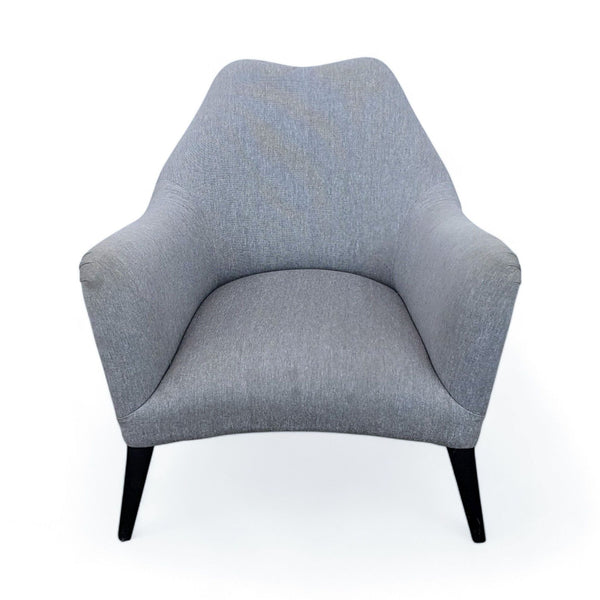Reperch modern grey fabric lounge chair with curved backrest and black wooden legs, front view.