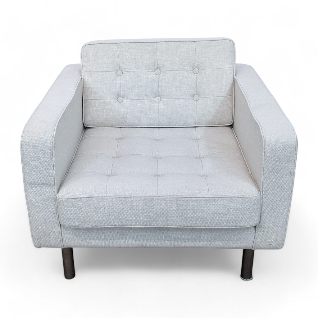 1. Modern Reperch mid-century lounge chair with white linen fabric, tufted cushions, and round legs, front view. 