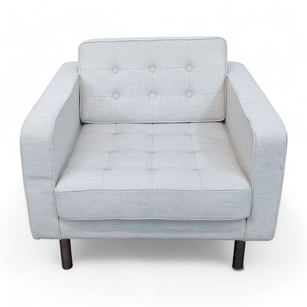 1. Modern Reperch mid-century lounge chair with white linen fabric, tufted cushions, and round legs, front view. 