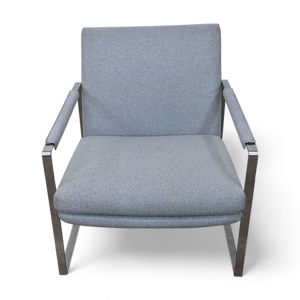 1. Reperch brand lounge chair with square back and grey fabric on a flat metal frame, isolated on white background.