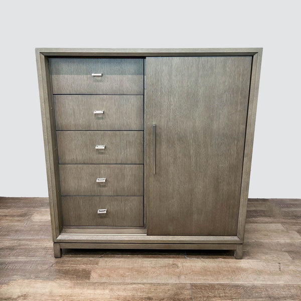 1. "Rachel Ray Highline dresser by Legacy Classic, featuring five drawers and a side cabinet in a modern gray finish with metal handles."