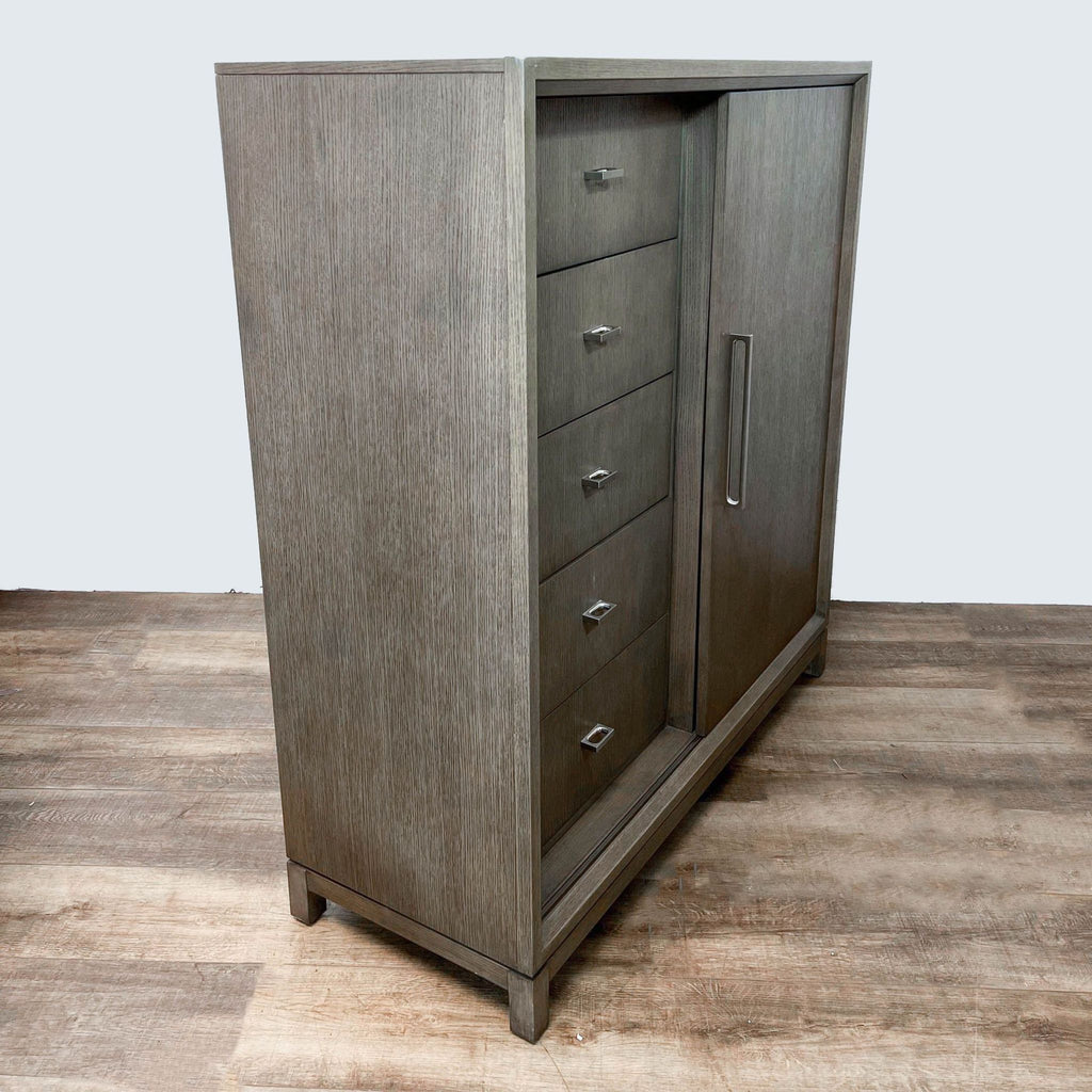 3. "Angled view of Rachel Ray Highline dresser showing the combination of drawers and cabinet, with sleek metal hardware and gray wood finish."
