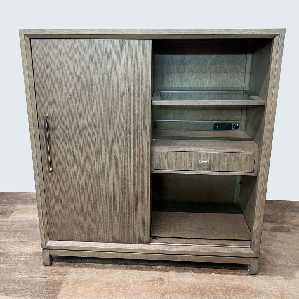 2. "Interior of the Rachel Ray dresser with open cabinet, revealing shelves, a drawer, and a built-in charging station for convenience."