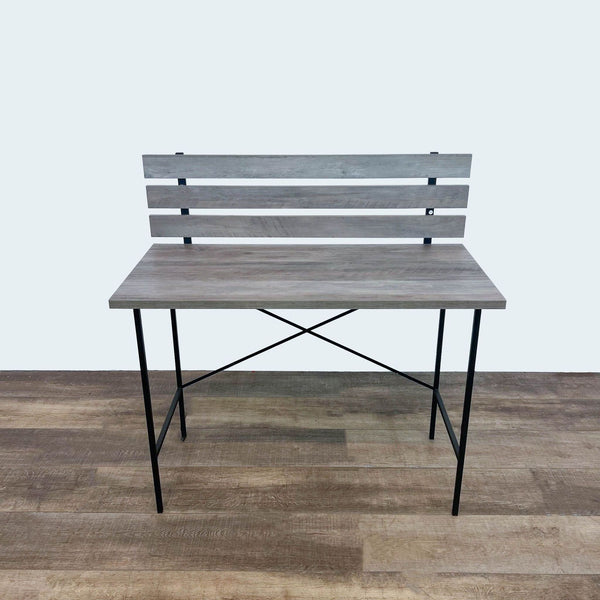 Rustic solid wood high seat bench with slat back on a black metal frame by Reperch.