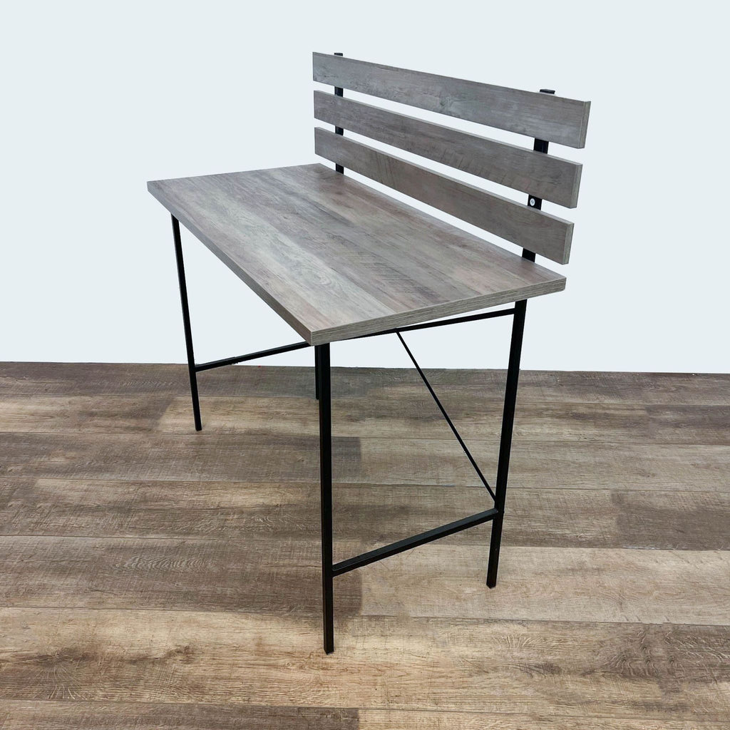 Reperch's rustic high seat bench featuring wooden slats and sturdy black metal legs.