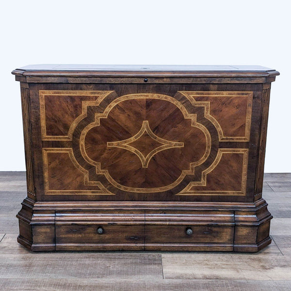 1. Reperch brand entertainment center with intricate wood inlay design on front, featuring three drawers.