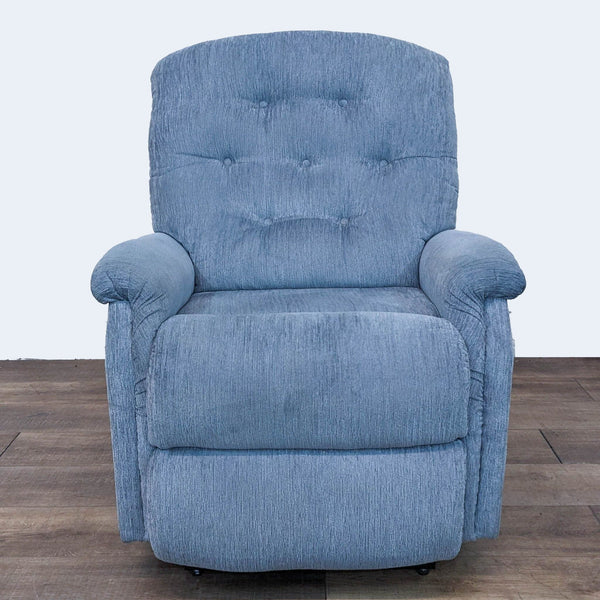 1. La-Z-Boy lounge chair in upright position with plush cushioning and tufted back on wooden floor.