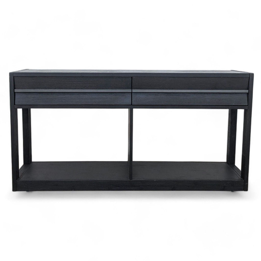 Black two-drawer console table from Living Spaces, featuring a lower shelf, against a white background.