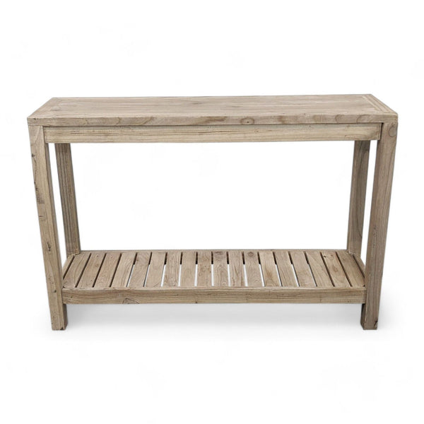 Reperch wooden console table with distressed finish and lower shelf.