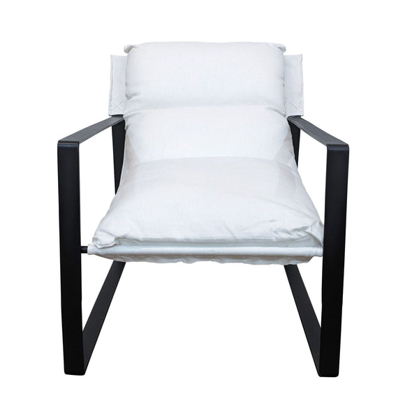 1. White linen cushioned accent chair with a slung back and black powder-coated iron frame, viewed from the front.