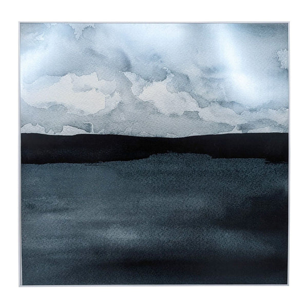 1. "Monochromatic watercolor waterscape painting titled 'A Hushed Evening' in shades of blue, depicting Lake Superior's serene ambiance."