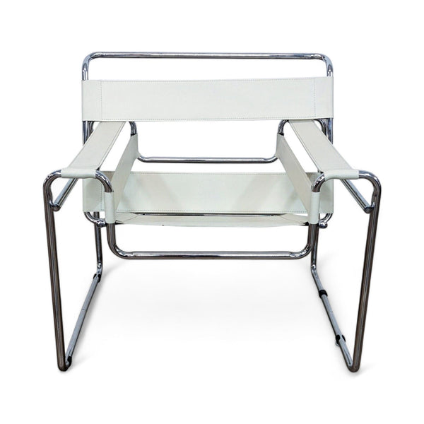 Wassily club chair by Knoll with a chrome frame and white leather straps, front view on a white background.