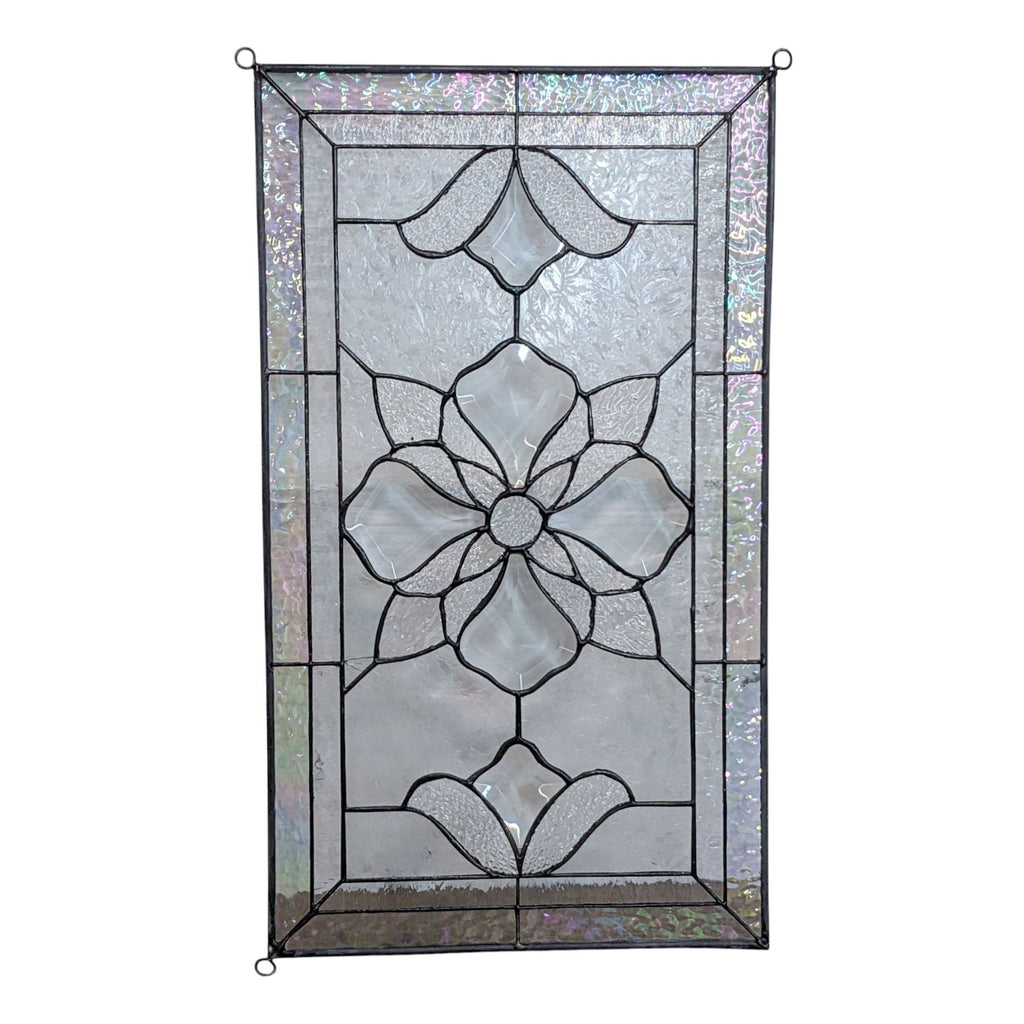 Reperch handcrafted stained glass panel with a central flower design, beveled and iridescent textures.