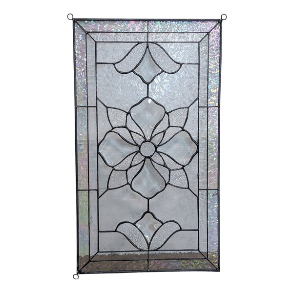 Reperch handcrafted stained glass panel with a central flower design, beveled and iridescent textures.