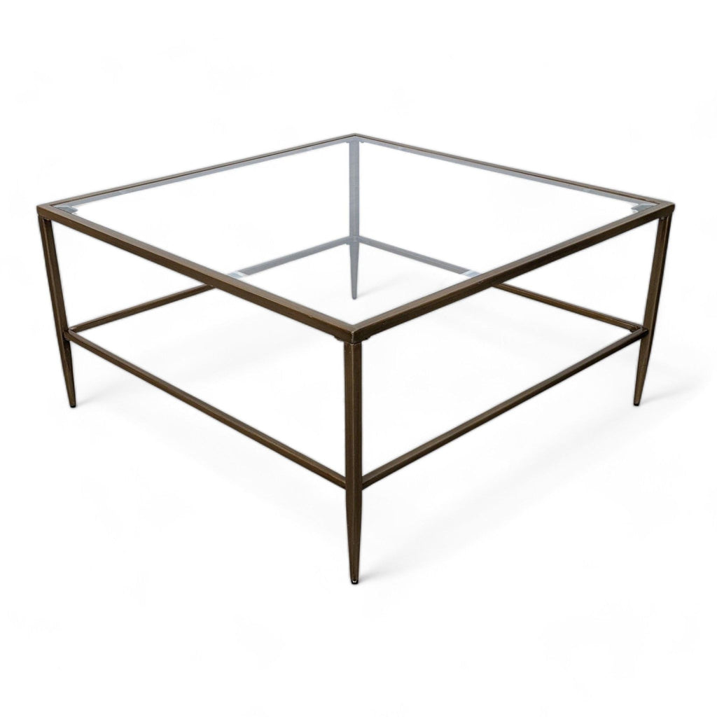 Wayfair metal frame coffee table with glass top and lower shelf, bronze finish.