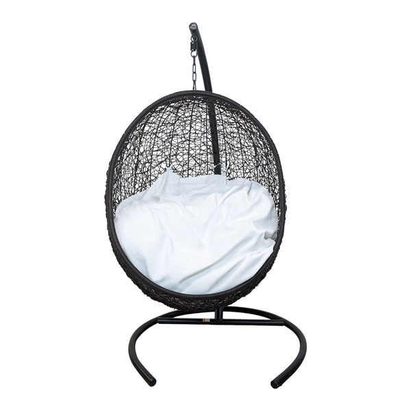 Reperch lounge chair with circular wicker rattan design and steel frame in a black finish.
