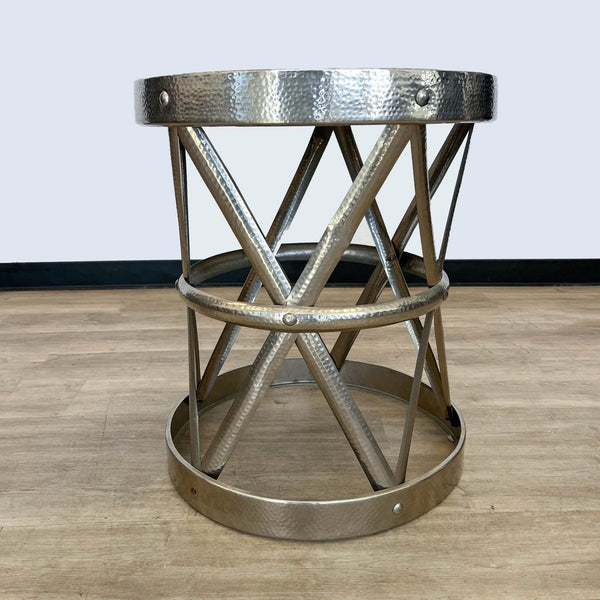 1. Reperch-branded side table with a hammered metal top and X-shaped base on a wooden floor.