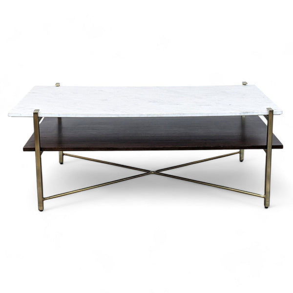 Marble-top coffee table with walnut shelf on brass-finished legs, by Anthropologie.