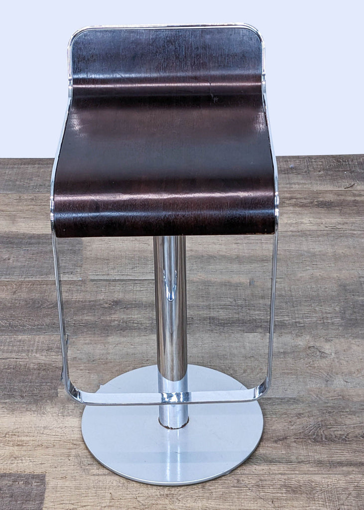 Adjustable dark wood veneer Reperch stool with chrome gas lift base, front angled view.