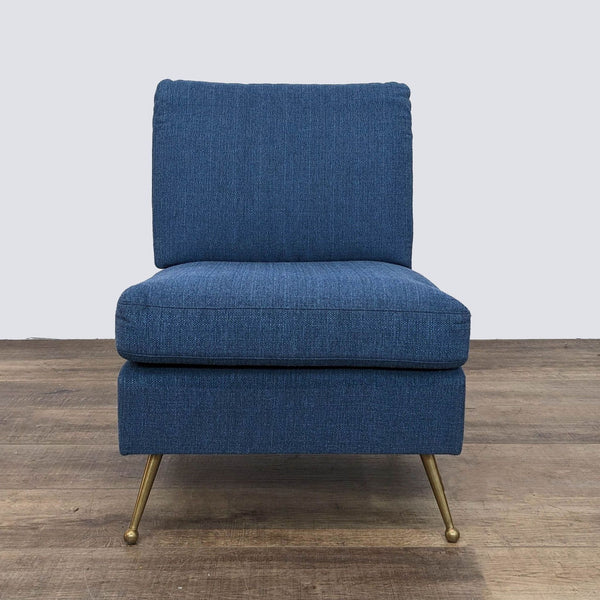 Navy blue Reperch single sofa chair with plush cushioning and golden legs, against a neutral backdrop.