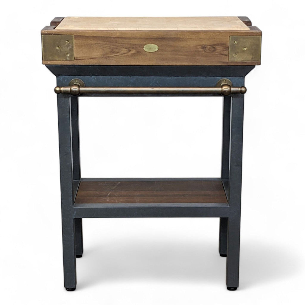 Williams Sonoma butcher-block top stand with gunmetal base, brass corner plates, and towel bar.