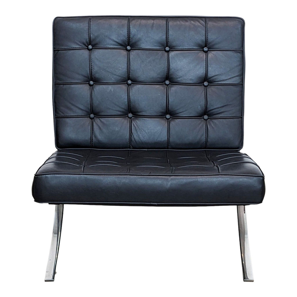 Reperch modern black leather Barcelona chair replica with tufted back and chrome base, front view.