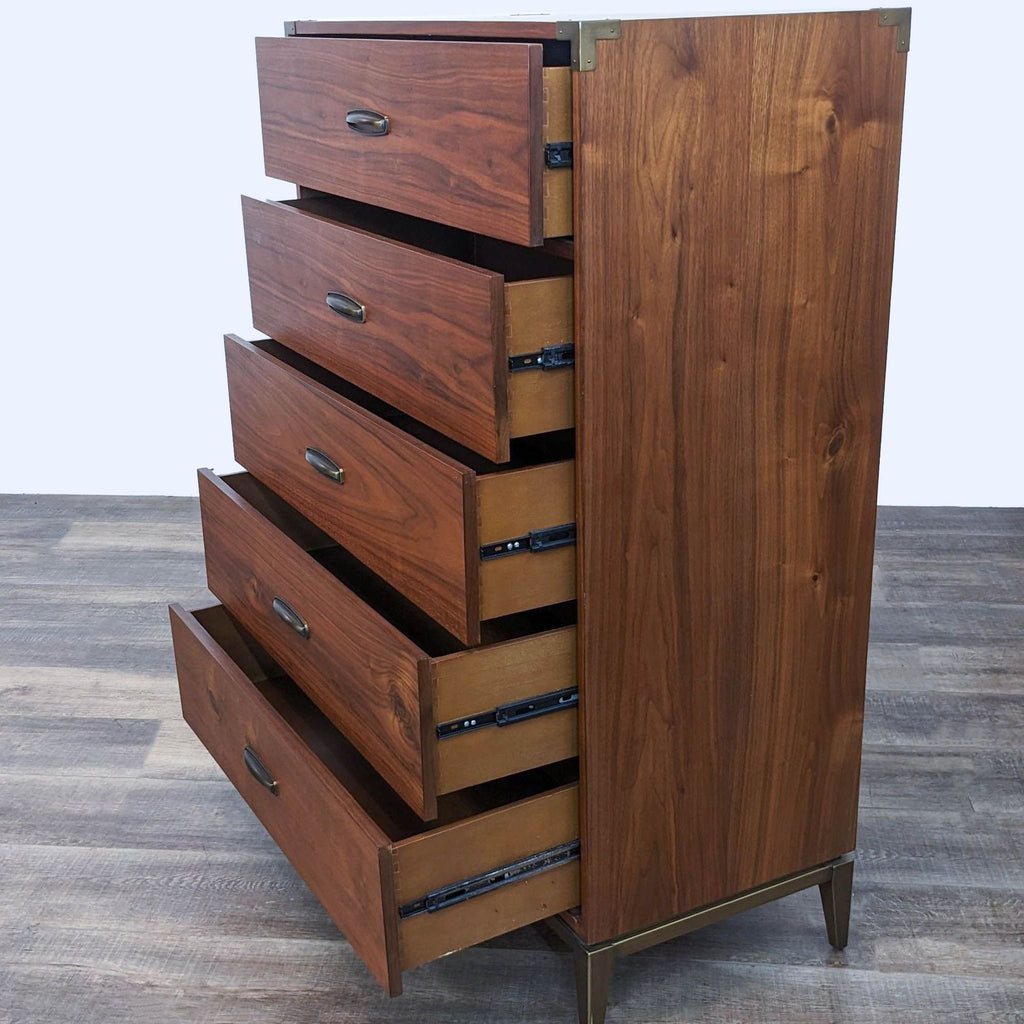 Alt text 2: Open drawers of the knotty walnut finish Adler dresser showing interior structure and metal hardware.