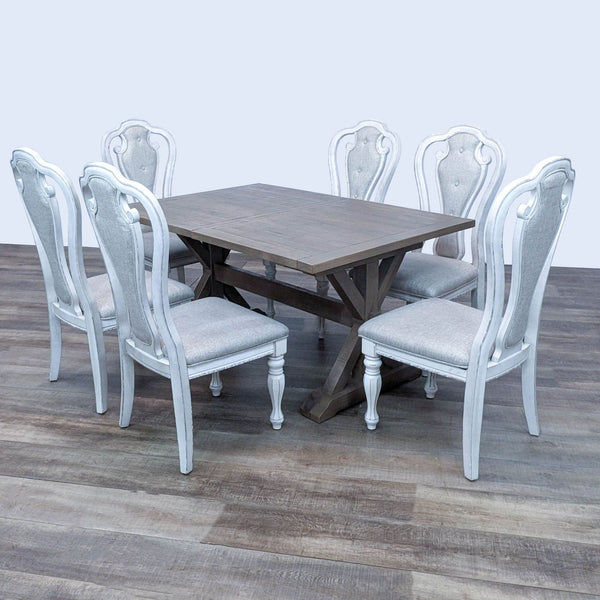 1. Standard Furniture 7-piece dining set with a trestle base table and six French Country style chairs with ivory tweed chenille fabric.