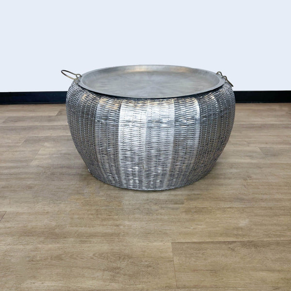 1. Reperch brand Basket Weave coffee table with a metallic finish and a removable round tray top, displayed on a wood floor.