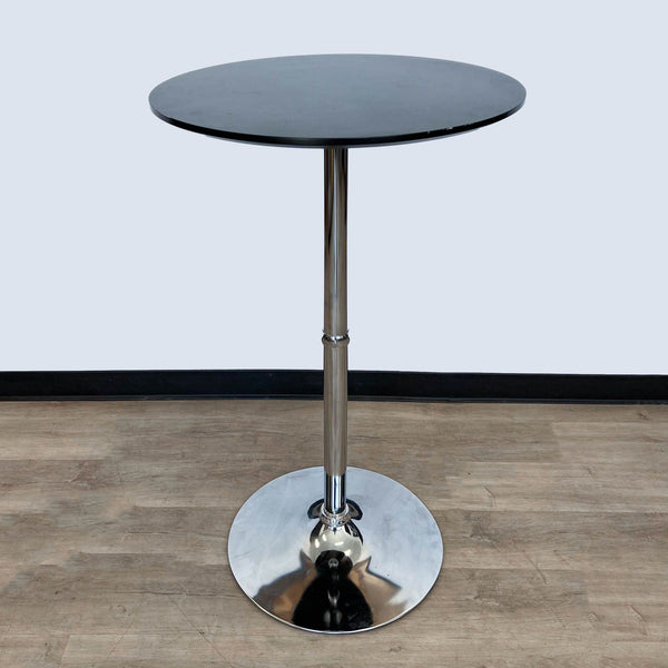 Reperch modern bistro table with wood top and chrome base, side view.
