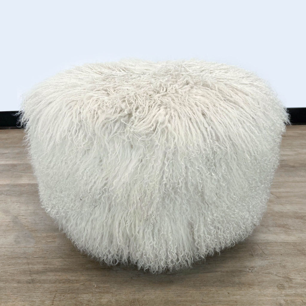 3. "Modern round ottoman by H.D. Buttercup with luxurious white Tibetan lamb fur, adding a touch of whimsy to decor."