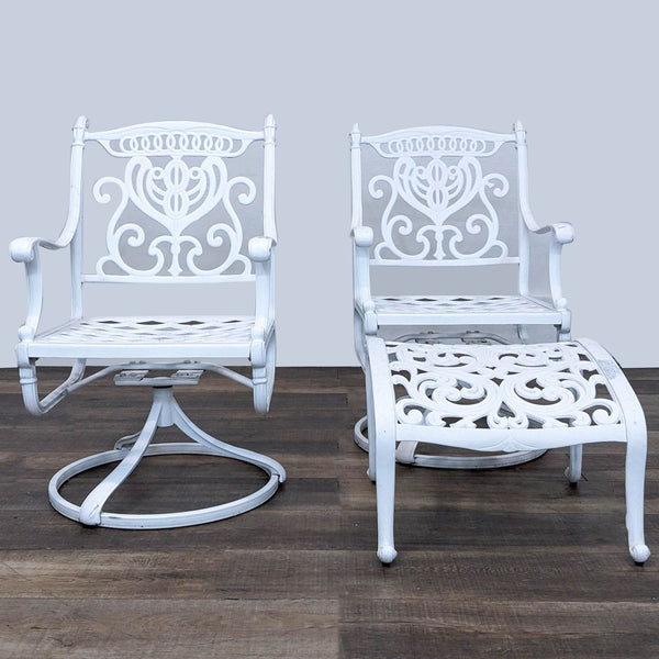 1. Reperch brand matching white metal armchairs with ornate scrollwork, featuring one swivel base and one standard with ottoman.