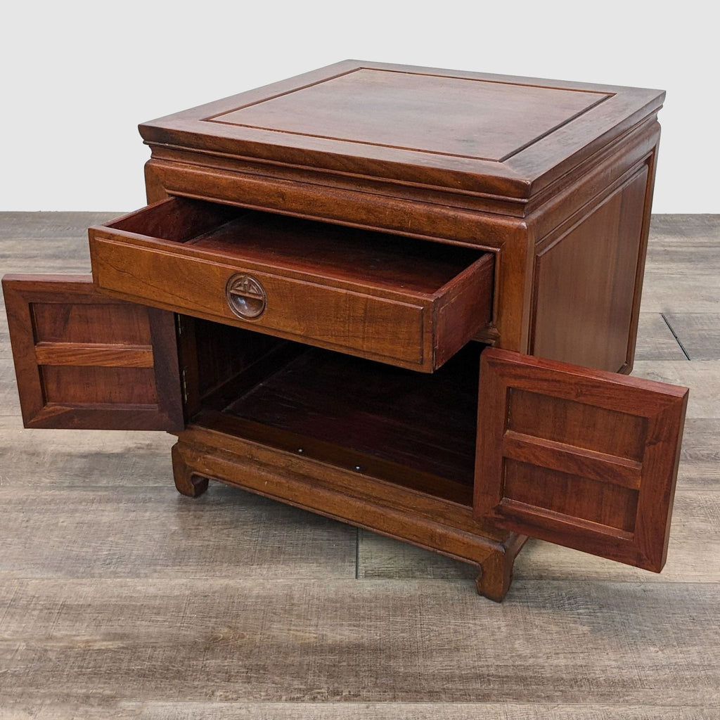 Imported Reperch end table, open drawer and cabinet revealing storage space, classic style, Hong Kong origin.