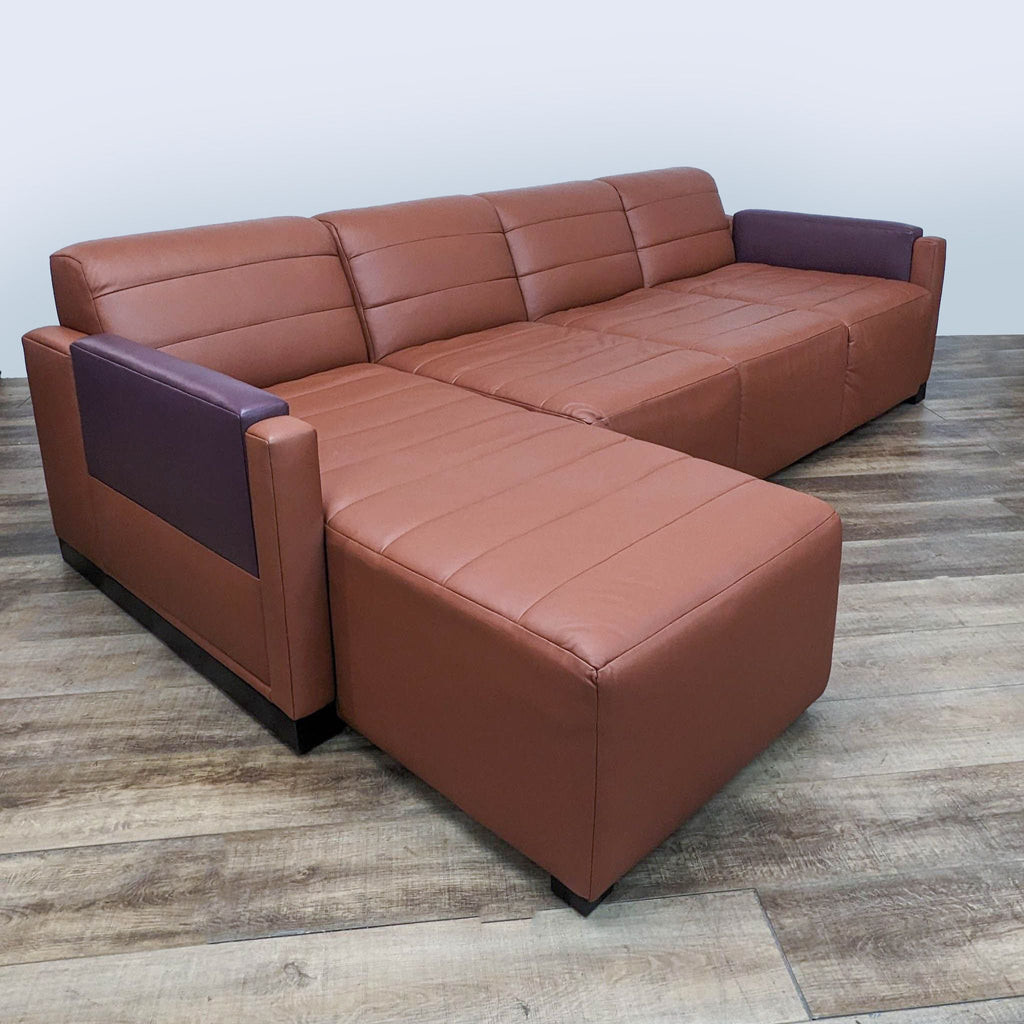 3. Angled perspective of a durable and stable Reperch brown leather sectional with versatile design, perfect for various decors.