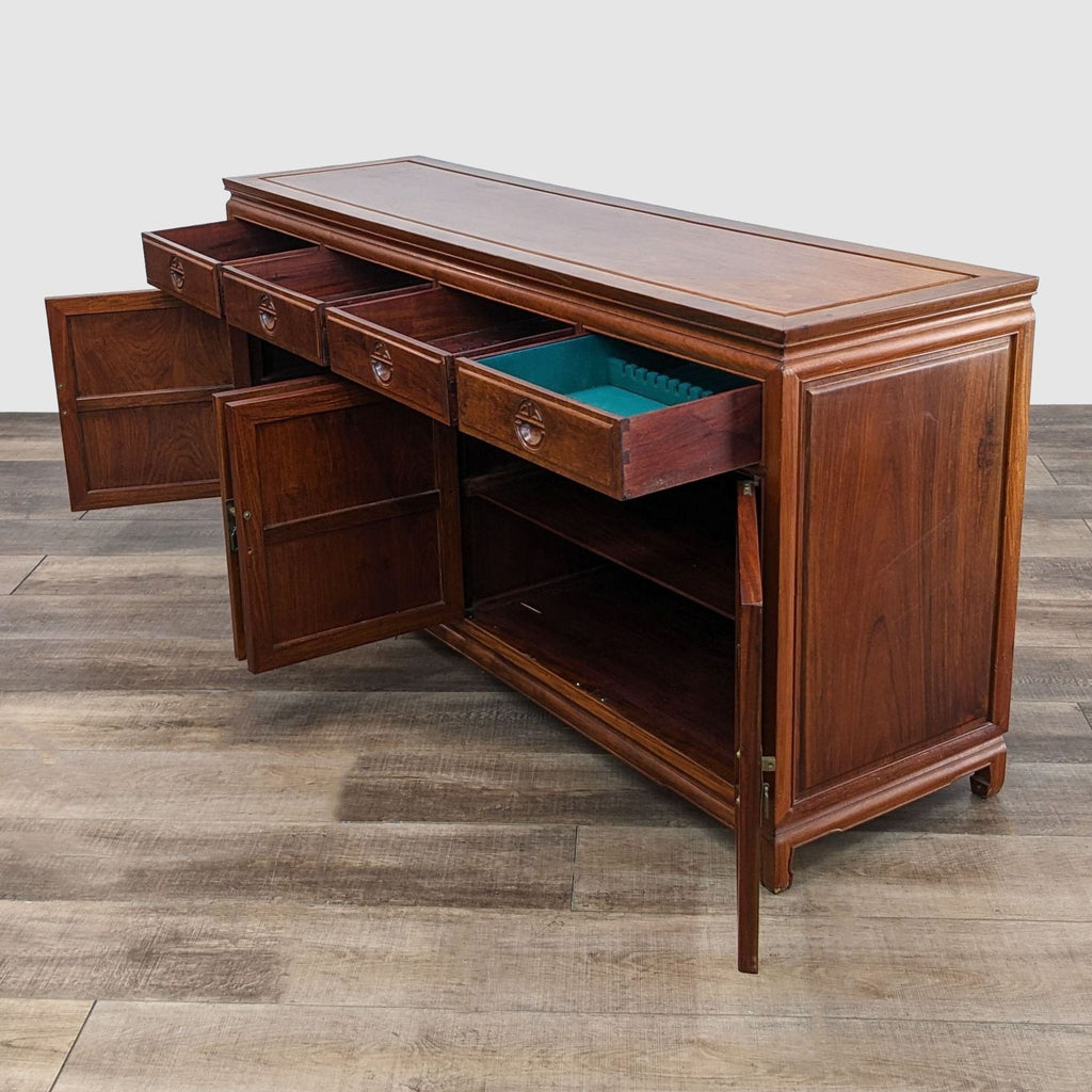Open view of a Reperch credenza showing drawers and shelves, imported from Hong Kong.